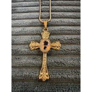 Gold Tone Cross Pendant Necklace with Dendritic Agate Stone‎ Religious Jewelry